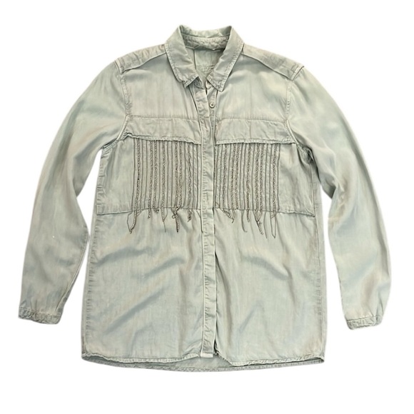 Zara Western Shirt Crystal Fringe Button Front Long  Sleeve Sage Green Small - Picture 1 of 10